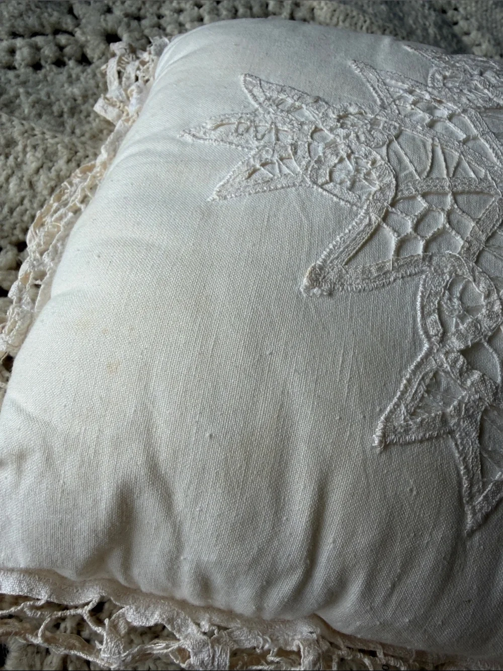 Handcrafted vintage Cream Decorative batternberg lace Pillow some yellowing